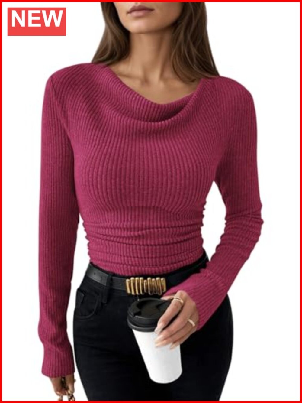 Long Sleeve Cowl Neck Ruched Slim Fit Top for Women Going Out